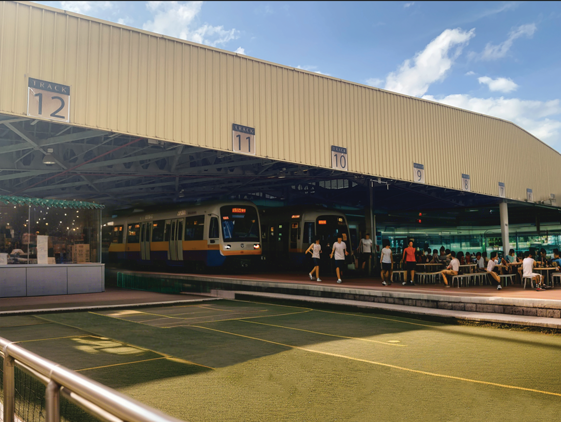 Train station with track numbers, a train, and people sitting and walking.